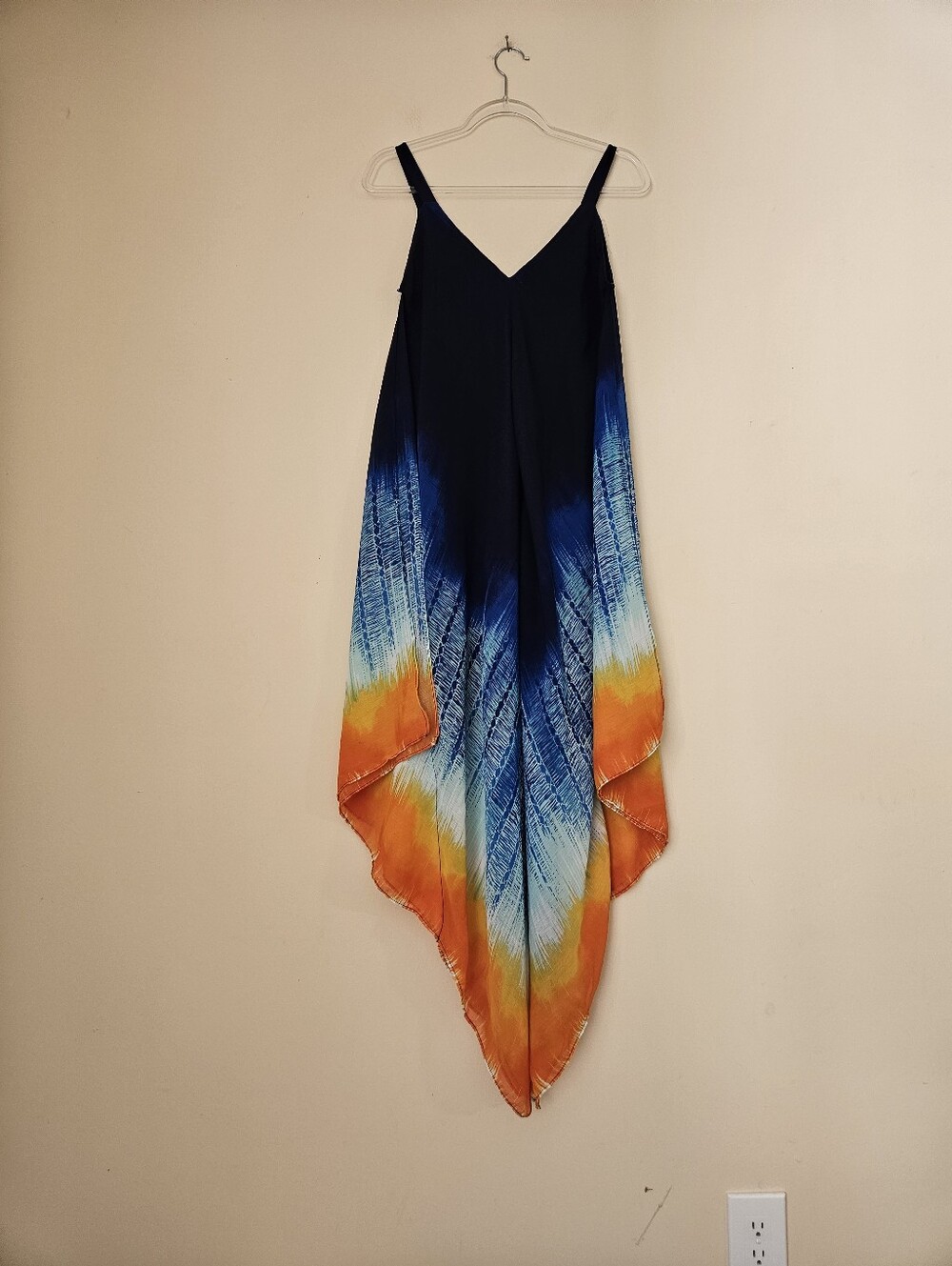 New Directions Handkerchief Hem Maxi Dress in Navy, Blue & Orange, Size PS